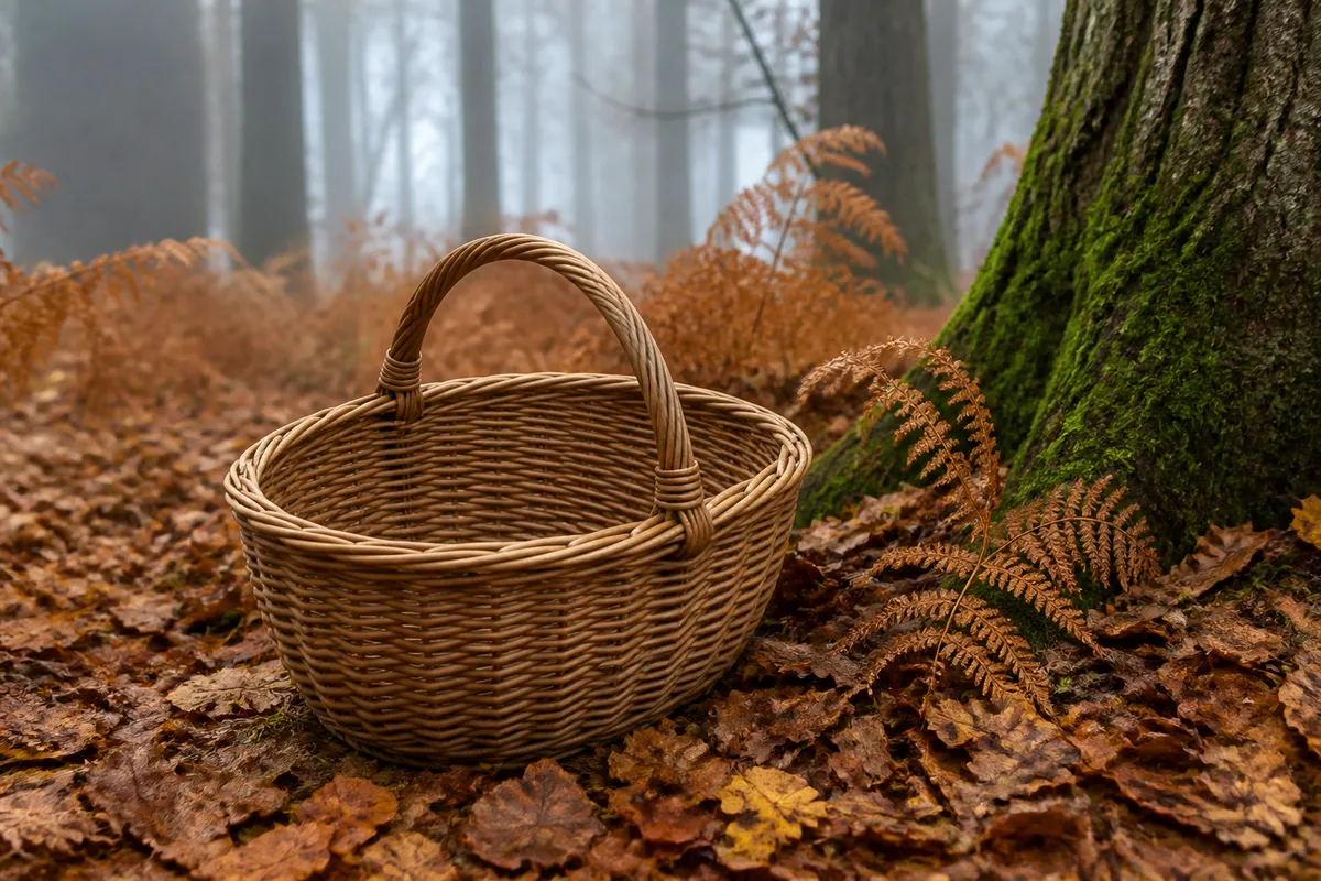 Panier en osier posé sur un tapis de feuilles mortes en sous-bois d&rsquo;automne