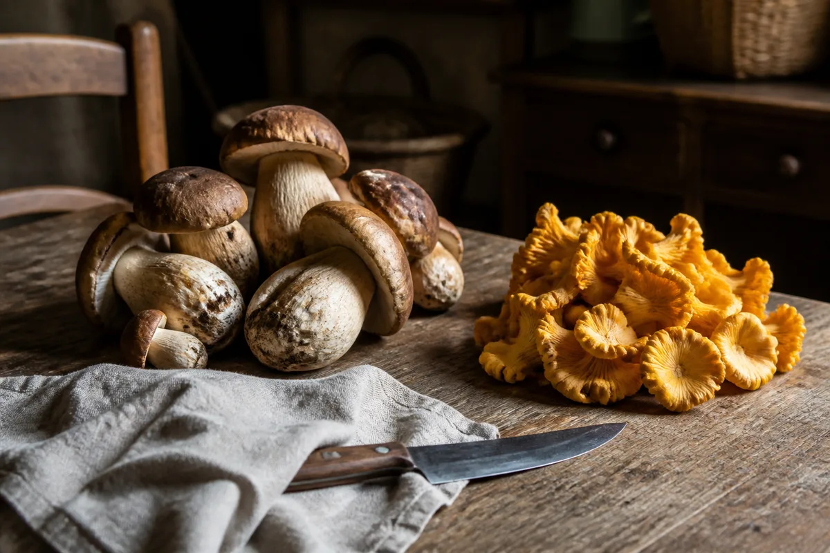 Cèpes et girolles étalés sur une table en bois près d&rsquo;une fenêtre