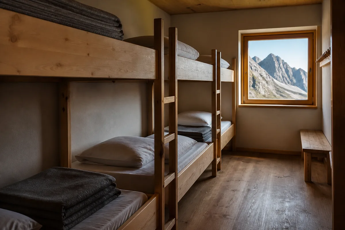 Dortoir de refuge de montagne avec couchettes en bois et couvertures pliées