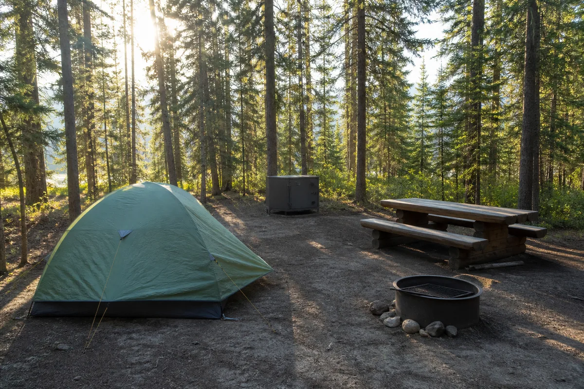 Emplacement de campground avec tente et table de pique-nique en forêt de conifères
