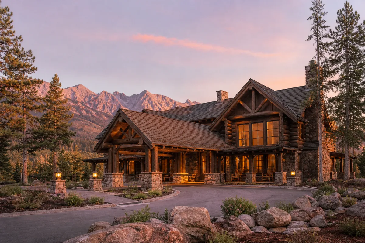 Lodge en bois et pierre d&rsquo;un parc national américain au lever du soleil