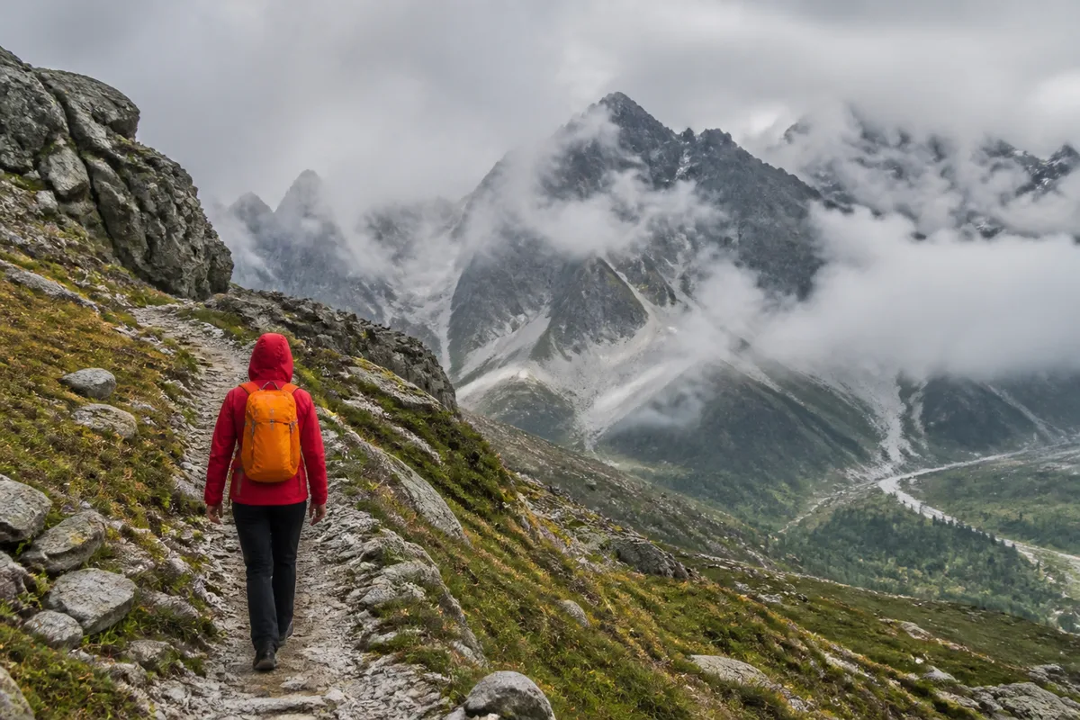 Randonneur de dos en veste imperméable sur un sentier de montagne, sommets nuageux au fond