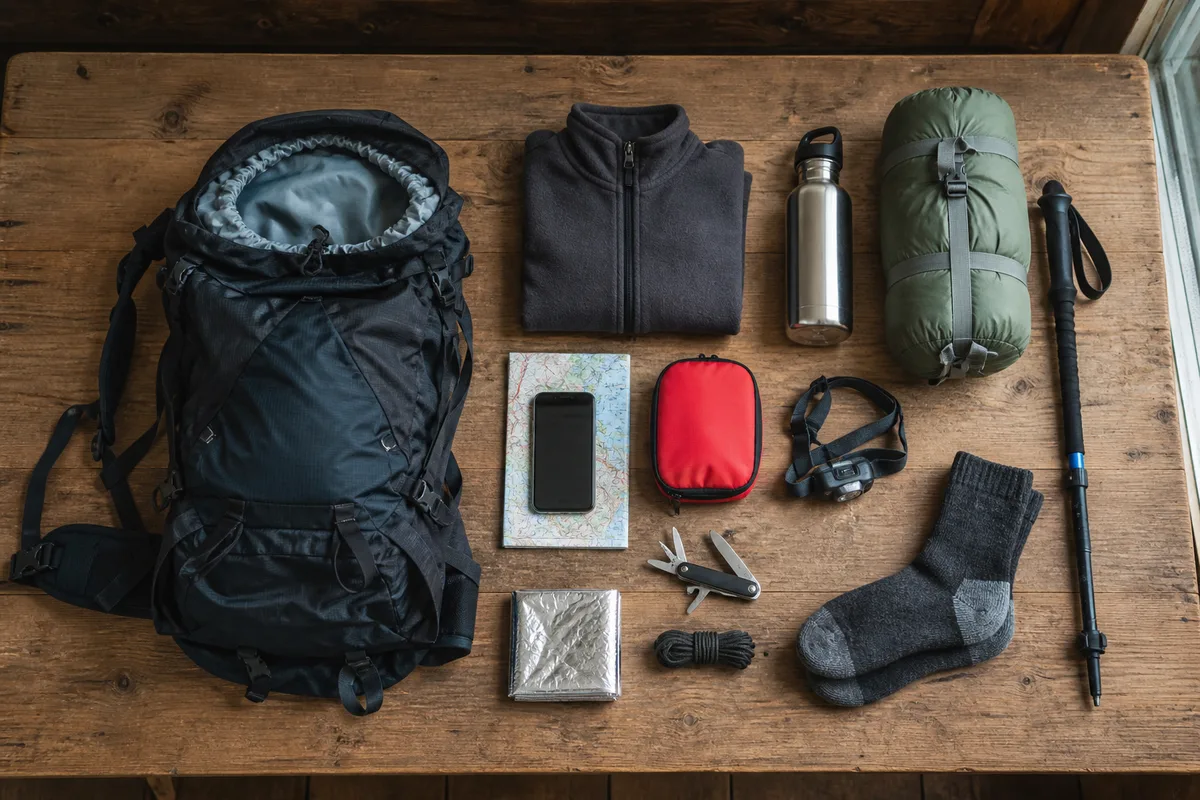 Contenu d’un sac à dos de randonnée étalé sur une table en bois : gourde, carte, trousse de secours