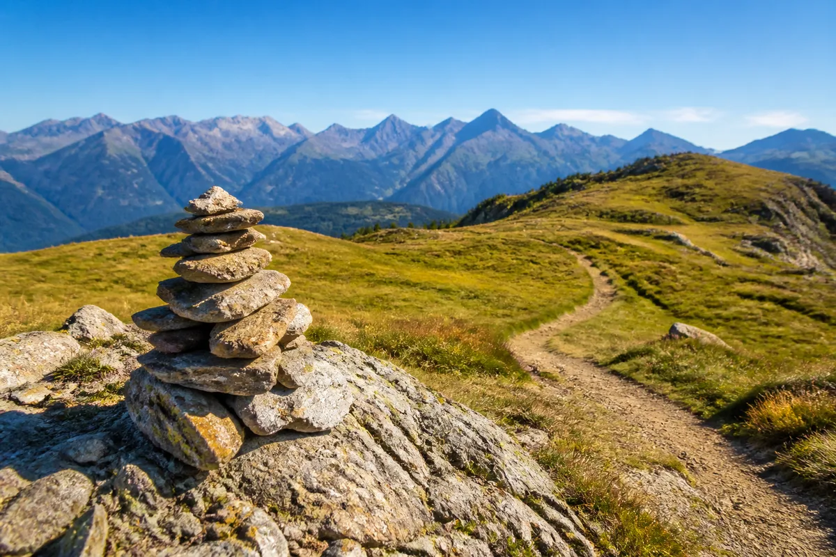 Cairn de pierres sur une crête de montagne, sentier et prairie alpine
