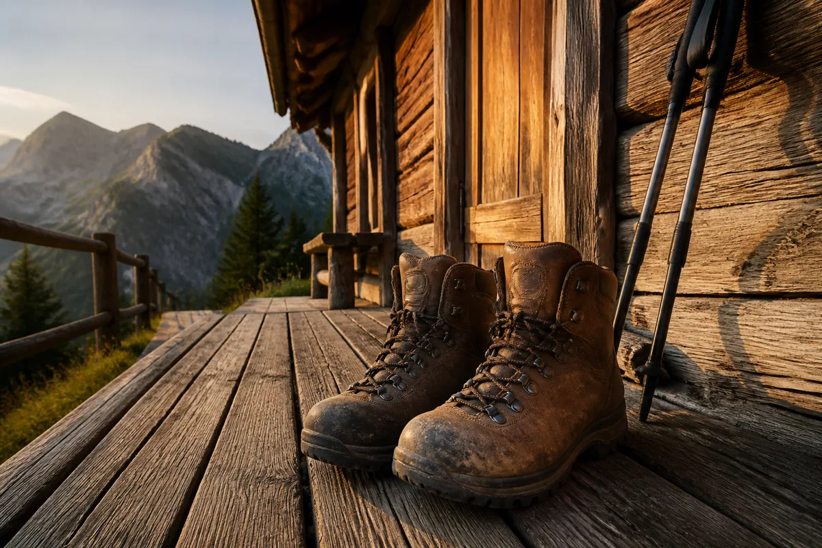 Chaussures de randonnée posées devant un chalet en bois avec bâtons de marche