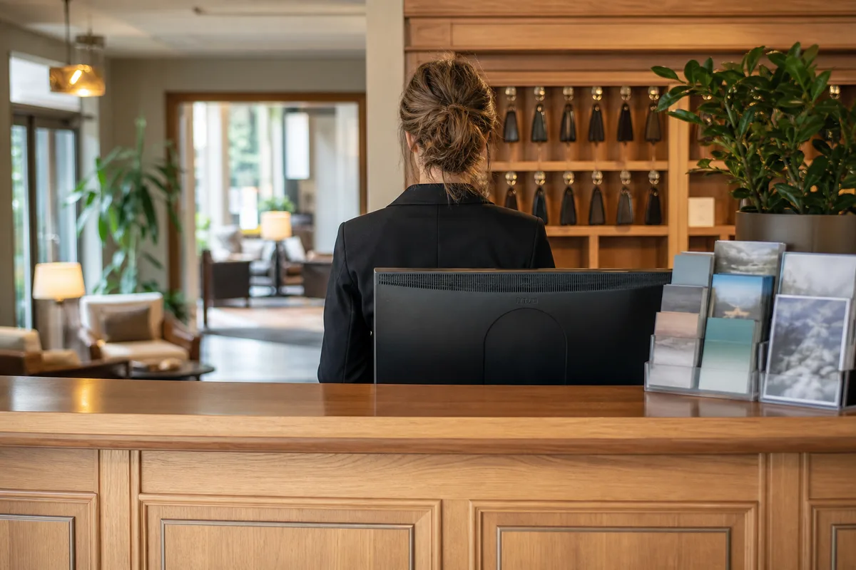 Comptoir de réception d&rsquo;hôtel avec casier à clés en bois et ordinateur, personne de dos en tenue d&rsquo;accueil
