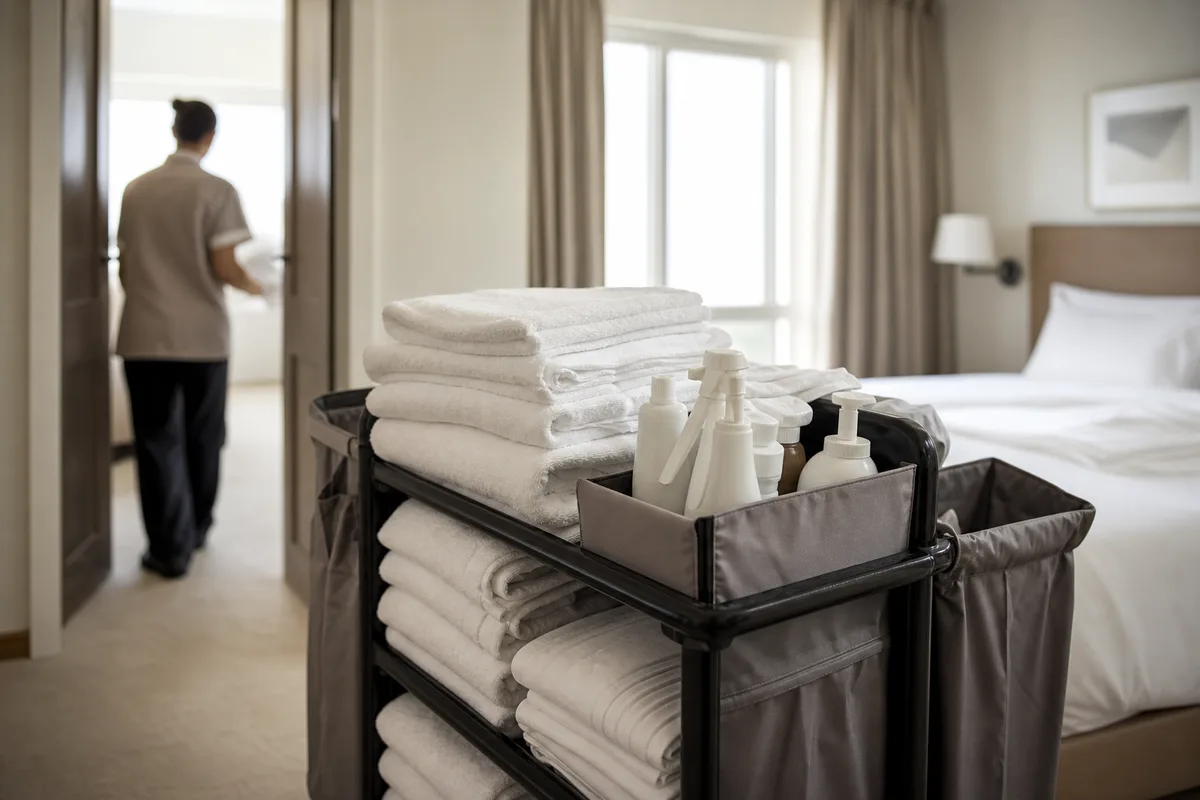 Chambre d&rsquo;hôtel lumineuse en préparation, chariot d&rsquo;étage avec linge blanc plié