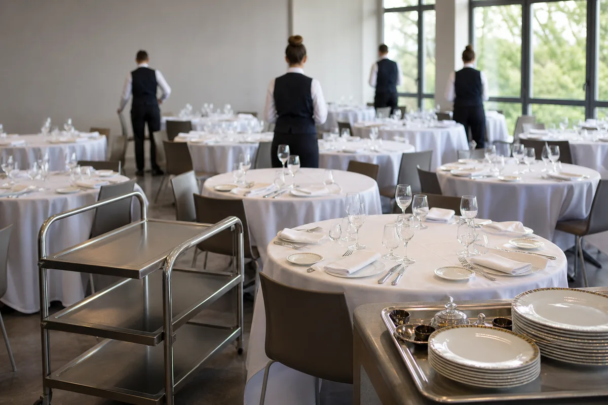 Salle d&rsquo;application d&rsquo;un lycée hôtelier, tables dressées pour un service pédagogique et chariot de service
