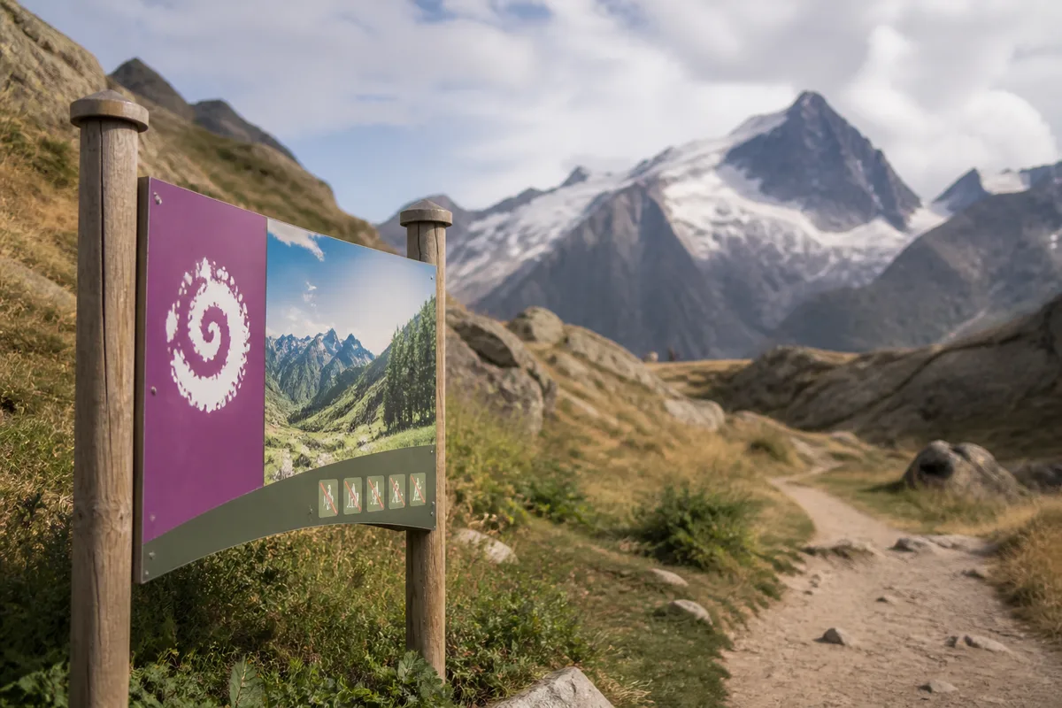 Panneau d&rsquo;entrée du cœur du parc national des Écrins sur un sentier de montagne