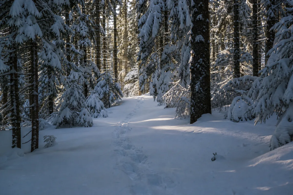 Sentier enneigé traversant une forêt de sapins en moyenne montagne française, lumière rasante de fin d&rsquo;après-midi