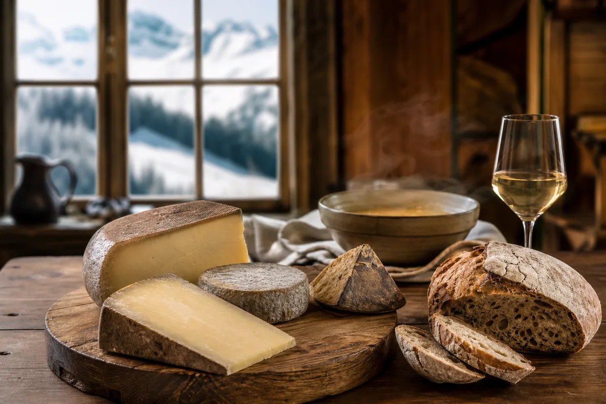 Table d&rsquo;auberge de montagne avec fromages régionaux, pain et soupe fumante devant une fenêtre donnant sur la neige