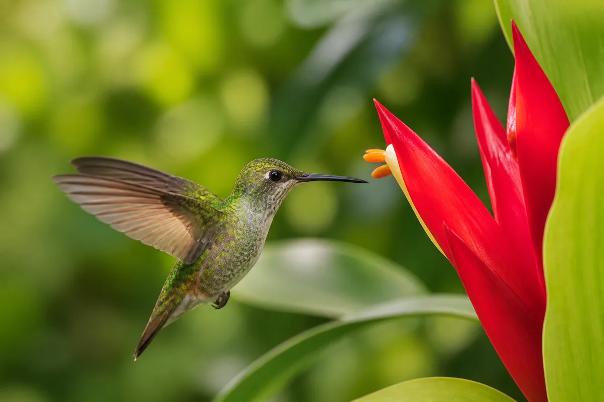 Colibri en vol devant une fleur de balisier rouge dans un jardin tropical