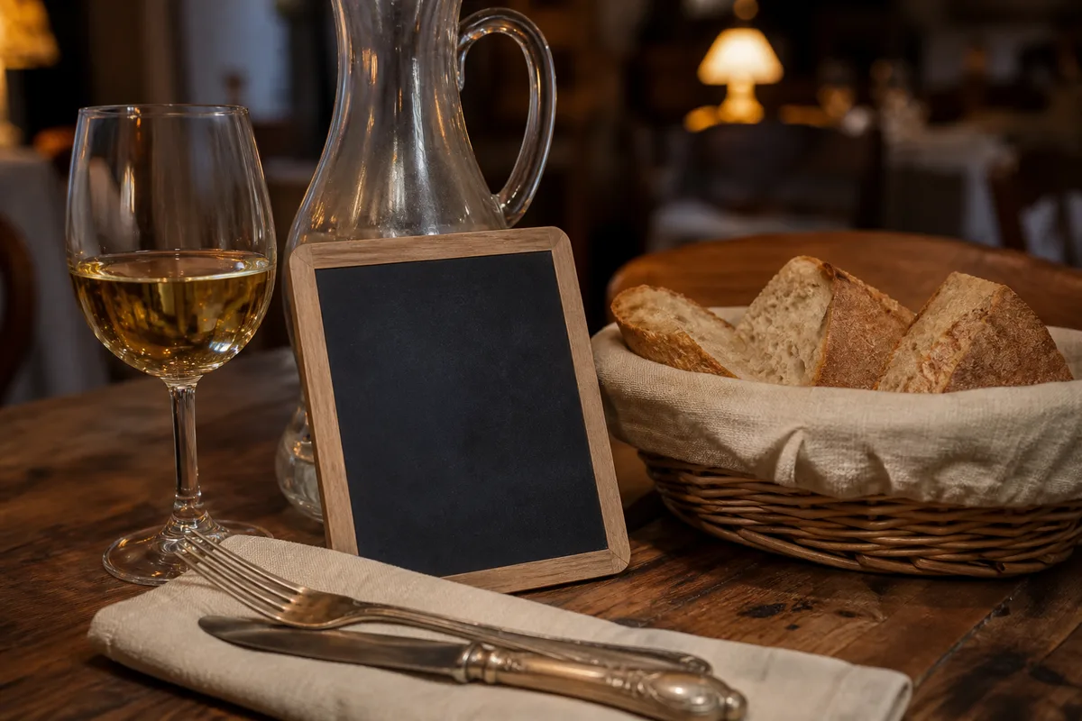 Table dressée en bois pour un repas de table d’hôtes dans une maison de campagne
