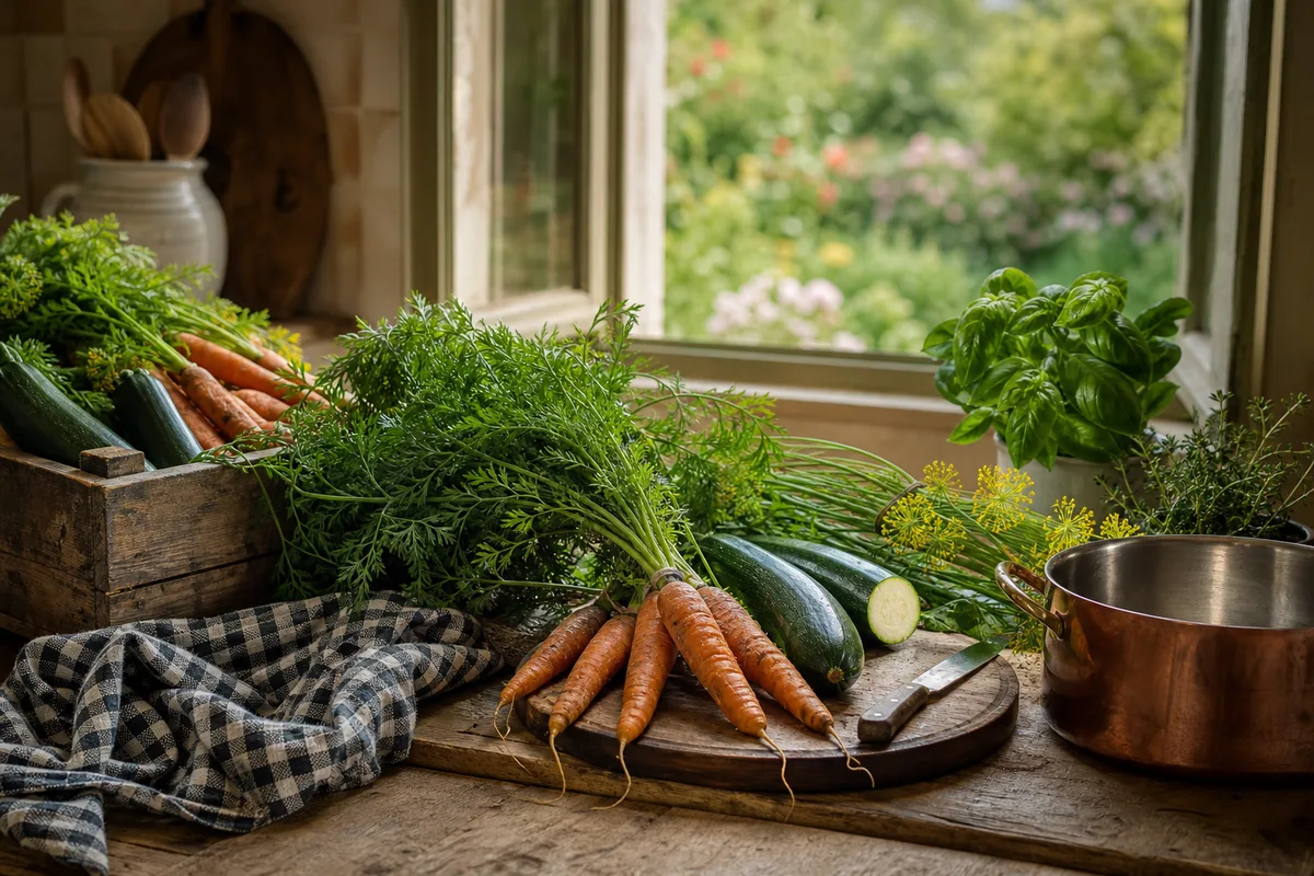 Cuisine familiale de maison d’hôtes avec produits frais et légumes du potager