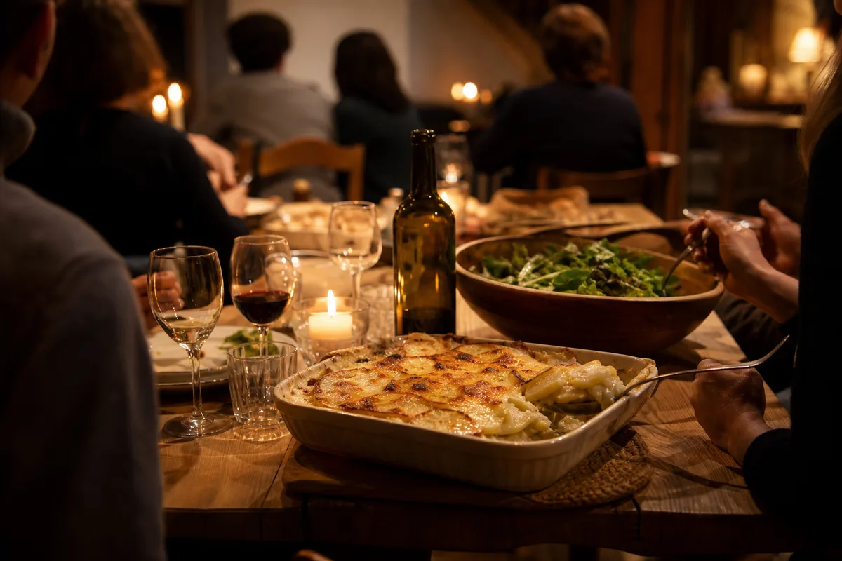 Convives partageant un repas convivial autour d’une grande table d’hôtes