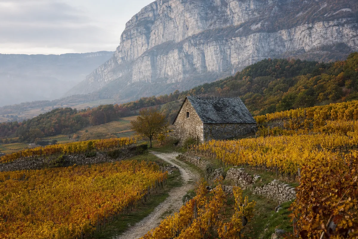 Coteaux viticoles en terrasses au pied d&rsquo;un massif alpin en automne